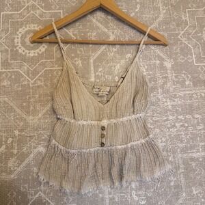 Y2K babydoll Cottagecore tank top Beige Peplum Boho Frayed Hem Small